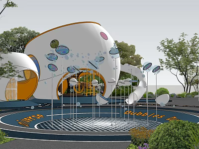 Modern Children's Playground With White Curved Structures Colorful Dots Slides And Greenery 3d model