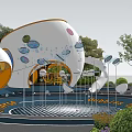 Modern Children's Playground With White Curved Structures Colorful Dots Slides And Greenery