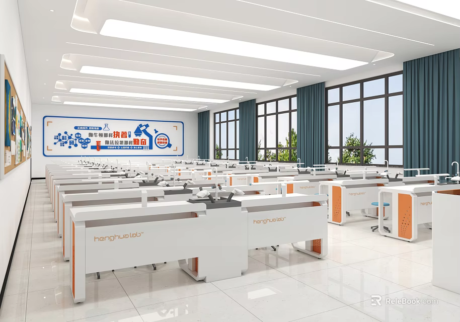 Modern Laboratory Interior With Bright Ceiling Lights And Arranged Desks 3d model
