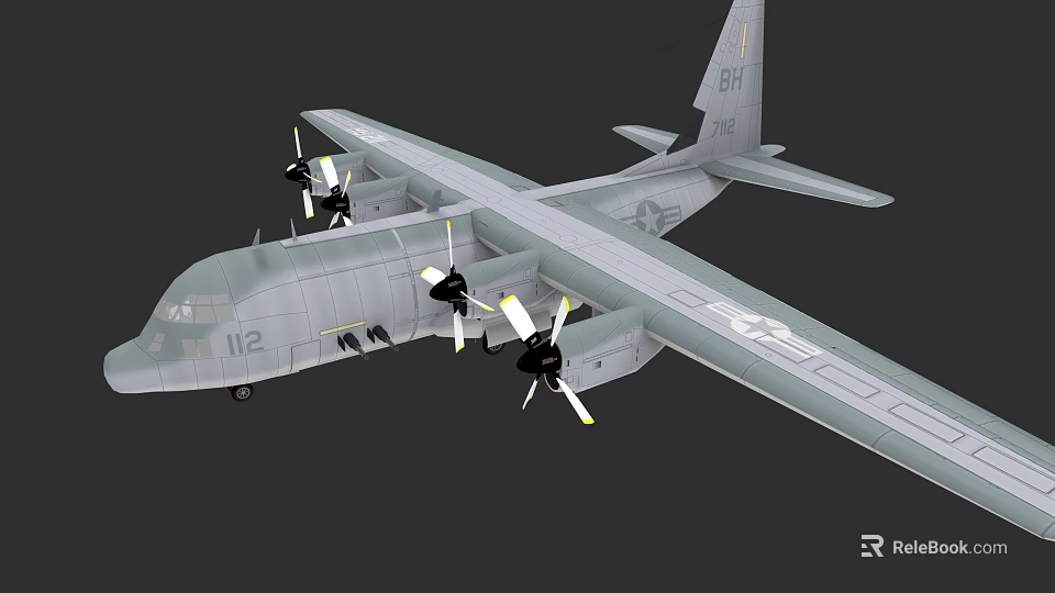 Gray Military Transport Aircraft With Four Propellers Serial 112 And 61H 3d model 