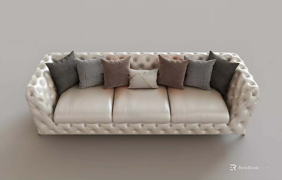 White Tufted Three Seater Sofa With Gray Brown Checkered Throw Pillows 3d model