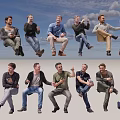 Men in Various Sitting Standing and Kneeling Poses on White Background