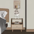 Wooden Bedroom Bedside Table With Woven Drawer White Vases And Decorative Painting