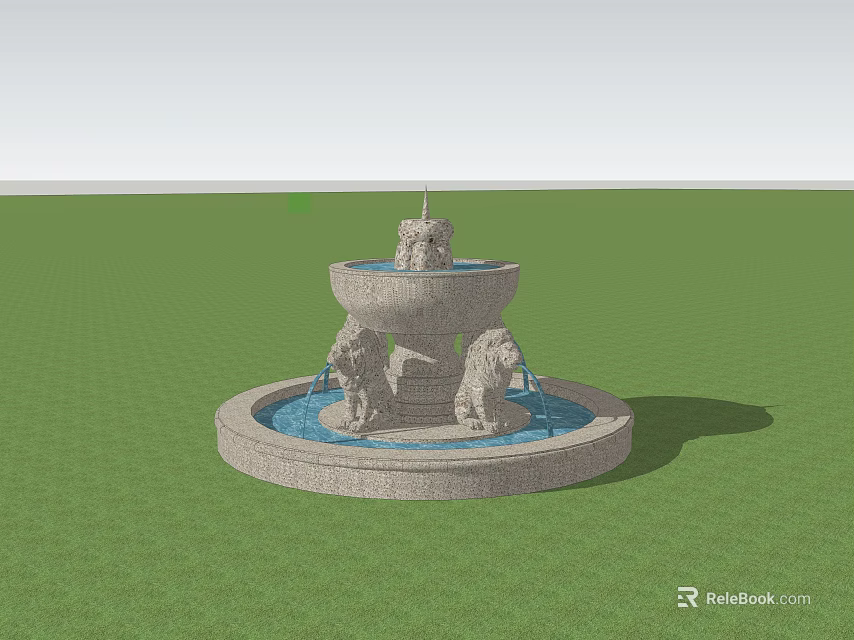 Three Tier Stone Fountain with Lion Statues Ornate Water Features in Green Grass 3d model 