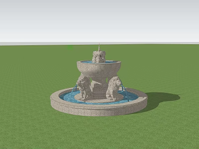 Three Tier Stone Fountain with Lion Statues Ornate Water Features in Green Grass 3d model