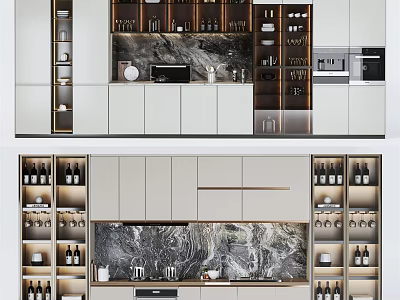 Modern Kitchen Wine Cabinet Design With Marble Counter And Glass Door Racks 3d model