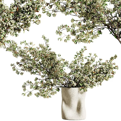 Cream Ceramic Vase with Fresh Green Branches and White Small Flowers 3d model