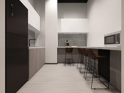 Modern Pantry Interior With White Cabinets Black Refrigerator Bar Counter And Brown Bar Stools 3d model