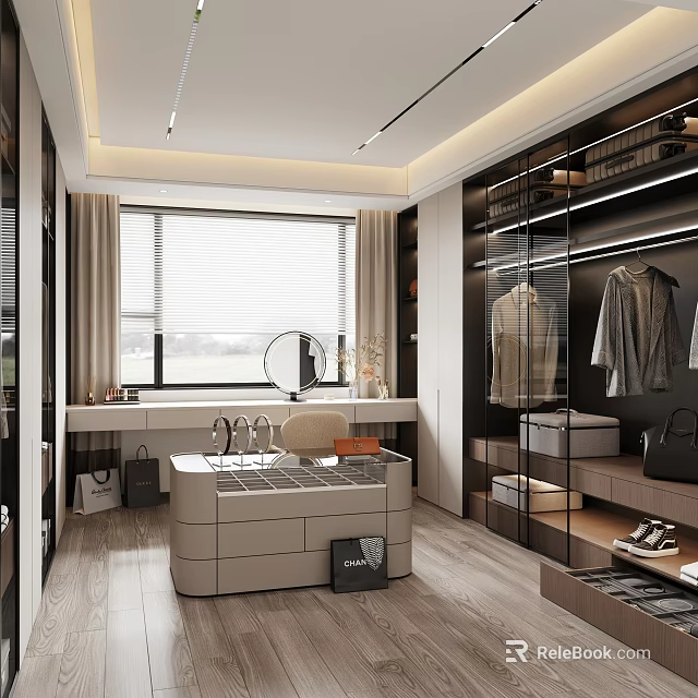 Modern Walk-in Closet Interior Design With Hanging Area Storage Drawers And Mirror 3d model 