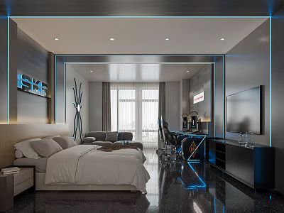 Modern Hotel Room With White Bedding Sofa TV Bright Window And Blue Accent Lighting 3d model