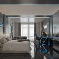 Modern Hotel Room With White Bedding Sofa TV Bright Window And Blue Accent Lighting