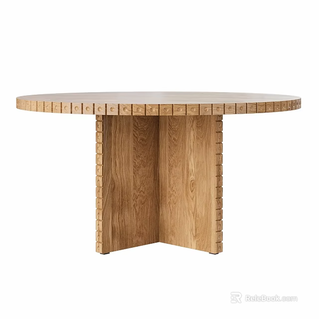 Stylish Round Wooden Dining Table With Detailed Carved Legs And Natural Wood Finish 3d model 