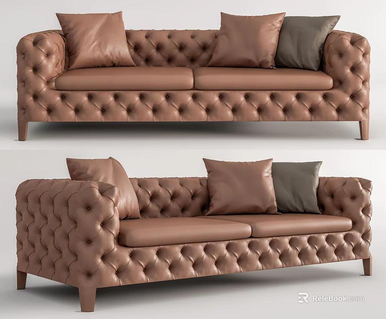 Classic Tufted Brown Two Seater Sofa With Brown And Gray Pillows 3d model 