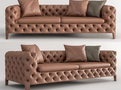 Classic Tufted Brown Two Seater Sofa With Brown And Gray Pillows 3d model