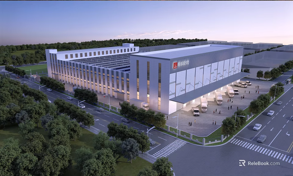 Modern Industrial Warehouse Building With Green Surroundings Large Glass Windows And Tree Lined Road 3d model 