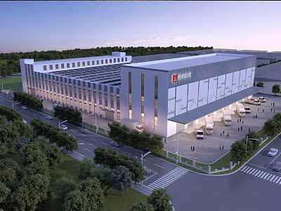 Modern Industrial Warehouse Building With Green Surroundings Large Glass Windows And Tree Lined Road 3d model