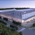 Modern Industrial Warehouse Building With Green Surroundings Large Glass Windows And Tree Lined Road