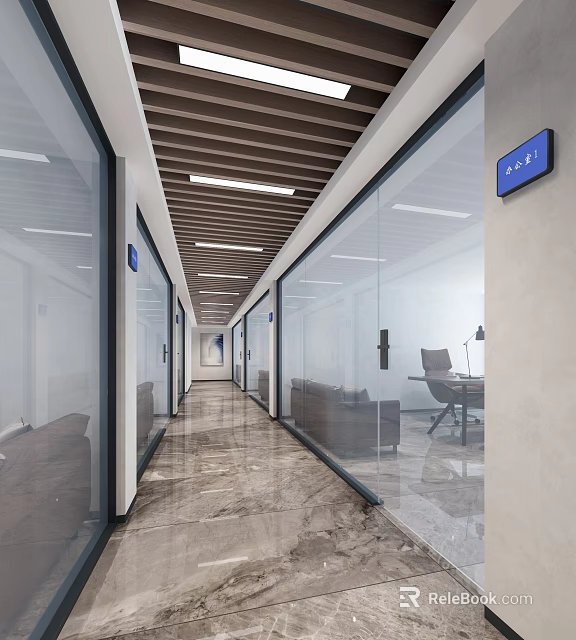 Modern Office Corridor Interior With Glass Partitions Marble Flooring And Ceiling Lights 3d model 