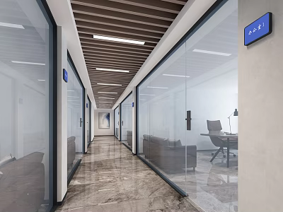 Modern Office Corridor Interior With Glass Partitions Marble Flooring And Ceiling Lights 3d model