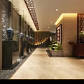 Chinese Style Restaurant Lobby With Red Ceiling Wooden Screens And Marble Floor