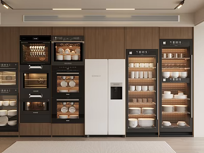 Modern Kitchen Interior Featuring Built in Appliances White Refrigerator And Wooden Cabinets 3d model
