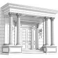 Classical Entrance Door With White Columns Brown Wooden Glass Panels And Wall Lanterns