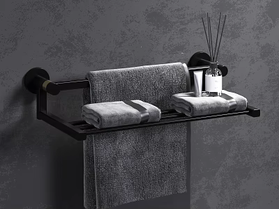 Modern Wall Mounted Black Bathroom Shelf Holding Folded Towels And Aromatherapy Bottle 3d model