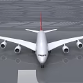 SANTAS White Passenger Plane With Red Tail Design And Four Engines Parked On Reflective Surface