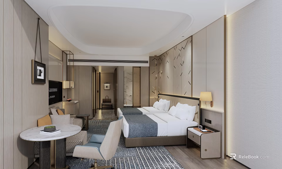 Hotel Guest Room Interior With Two Beds Nightstand Table Lamp And Decorative Carpet 3d model 