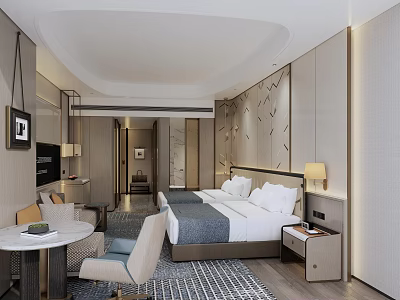 Hotel Guest Room Interior With Two Beds Nightstand Table Lamp And Decorative Carpet 3d model