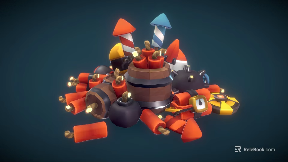 Vibrant Cartoon Style Weapons Collection With Barrel Rockets Grenades And Explosives 3d model 