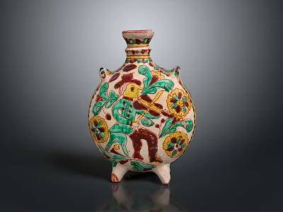 Sculptural Ceramic Vase With Colorful Carved Floral Motifs And Decorative Figure On Tripod Base 3d model
