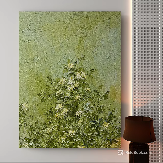 Oil Painting With Green Background White Flowers And Leaves 3d model 