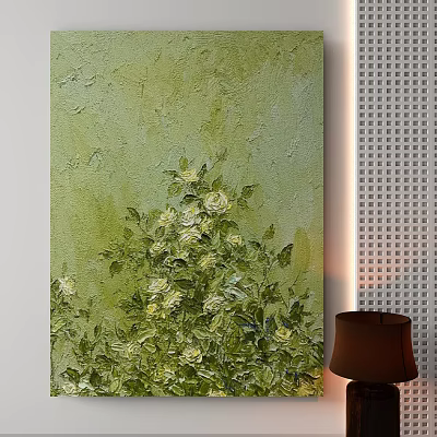 Oil Painting With Green Background White Flowers And Leaves 3d model