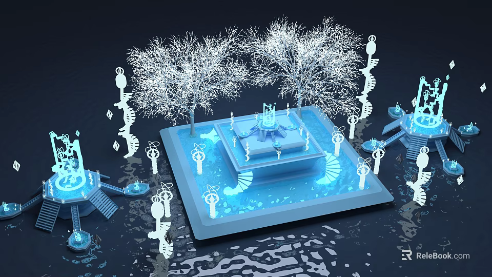 Cartoon Scene With Glowing Trees Blue Platform Spiral Structure And Luminous Key Decorations 3d model 