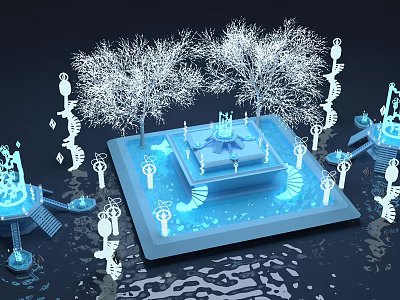 Cartoon Scene With Glowing Trees Blue Platform Spiral Structure And Luminous Key Decorations 3d model