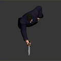 Man Wearing Dark Blue Coat Green Pants Belt Mustache Right Hand Extended Pointing Forward