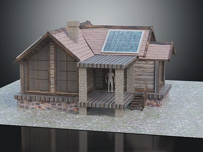 Rustic Wooden House Design With Solar Panels Chimney Porch And Large Windows 3d model