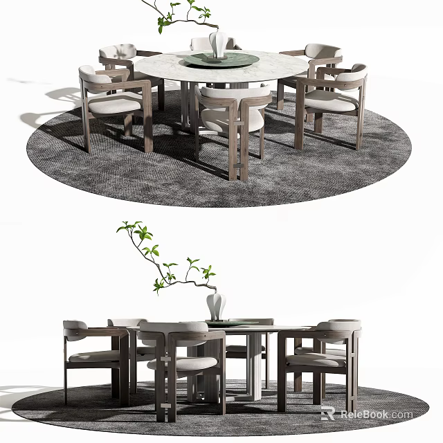 Modern Dining Table Set with Round Rectangular Tables Chairs Rug Vase and Green Plant 3d model