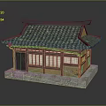 Traditional Japanese Architecture Model Featuring Green Tiled Roof Wooden Lattice Windows And Stone Base