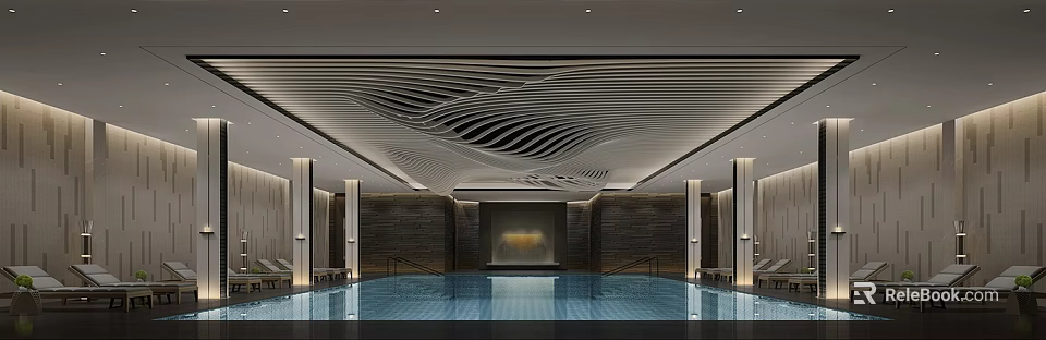 Modern Indoor Swimming Pool With Wavy Ceiling Design Stone Walls And Ambient Lighting 3d model 