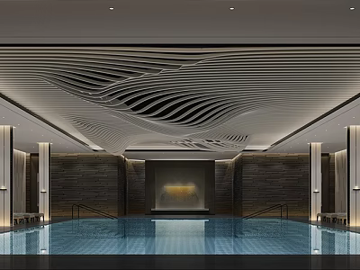 Modern Indoor Swimming Pool With Wavy Ceiling Design Stone Walls And Ambient Lighting 3d model