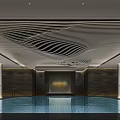 Modern Indoor Swimming Pool With Wavy Ceiling Design Stone Walls And Ambient Lighting