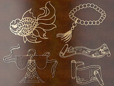 Traditional Intricate Carvings With Goldfish Buddhist Beads Ancient Clothing And Scrolls On Dark Wooden Surface 3d model
