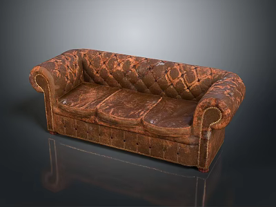 Vintage Brown Leather Sofa Featuring Quilted Design And Stitching Details 3d model