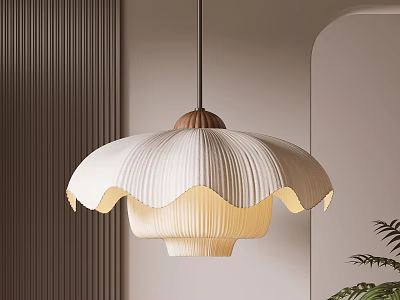 Modern Cream Pleated Pendant Light With Wooden Top For Interior Decor 3d model