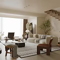 Modern Living Room Interior Design With Beige Sofa Area Rug And Indoor Plants
