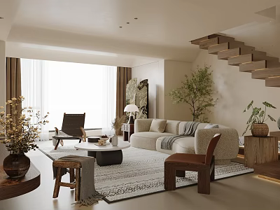 Modern Living Room Interior Design With Beige Sofa Area Rug And Indoor Plants 3d model