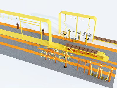 Yellow Outdoor Fitness Equipment With Parallel Bars Exercise Bikes And Workout Tools 3d model