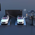 Mercedes Benz Car Exhibition Showroom With White Vehicles Display Stands Flags And Tent